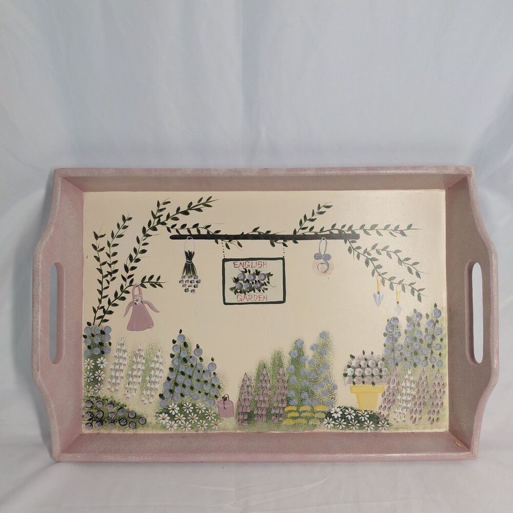 Vintage Kathy Hatch Hand Painted Wooden Serving Tray Cottagecore English Garden